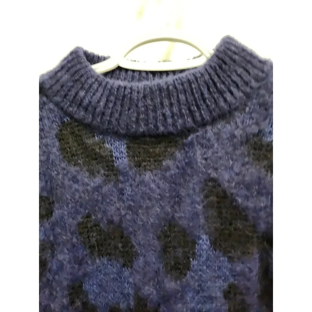 Kate Spade Womens‎ Sweater Medium Blue Black Leopard Alpaca Wool Thick Pullover